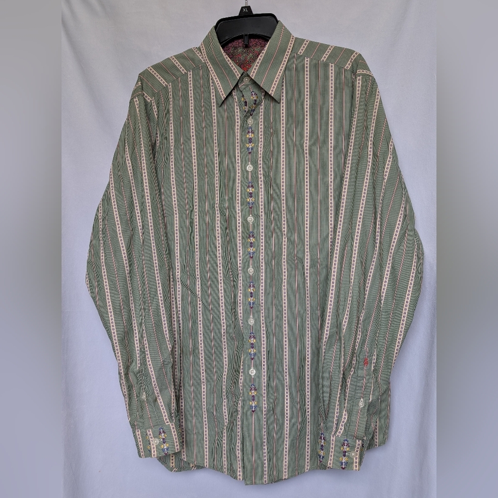 FUC Robert Graham Floral Embroidered Striped Long Sleeve Button Down Shirt, L
